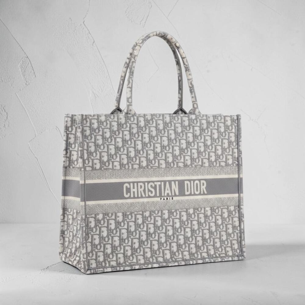 DIOR Large Dior Book Tote Gray White Oblique Canvas MINT